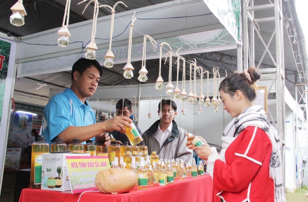 HTX Sản xuất và chế biến tinh dầu sả Tân Trào giới thiệu sản phẩm tại Hội chợ - Triển lãm khu vực miền Trung - Tây Nguyên - Đắk Lắk năm 2020. 
