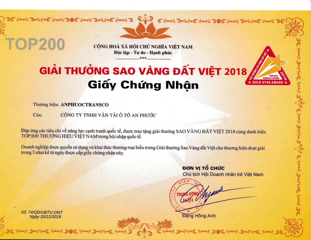 Năm 2018, An Phước là một trong hai doanh nghiệp trên địa bàn tỉnh nhận được Giải thưởng Sao Vàng Đất Việt.